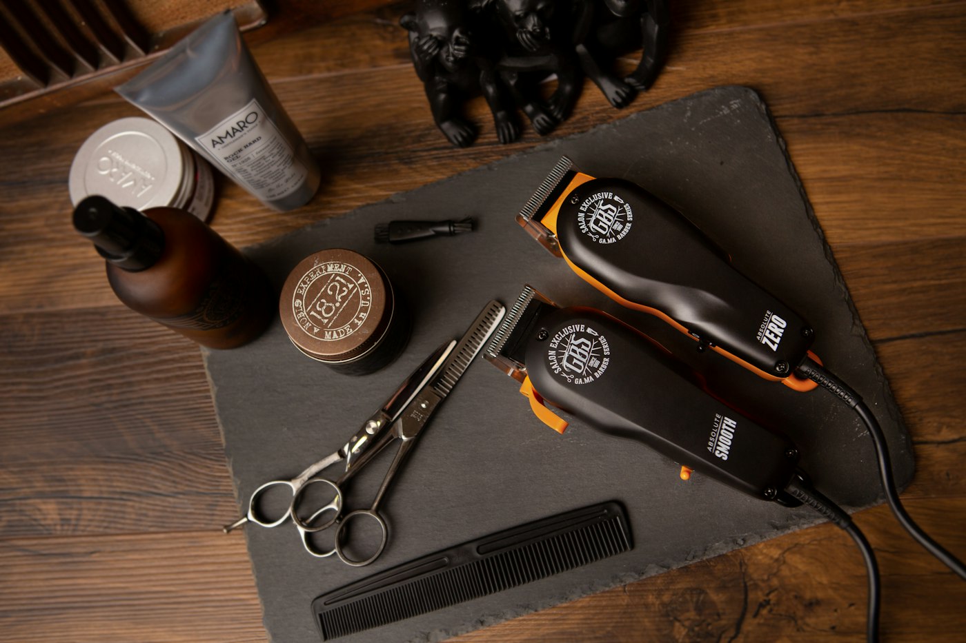 Flat-lay of clippers, scissors, combs and grooming products